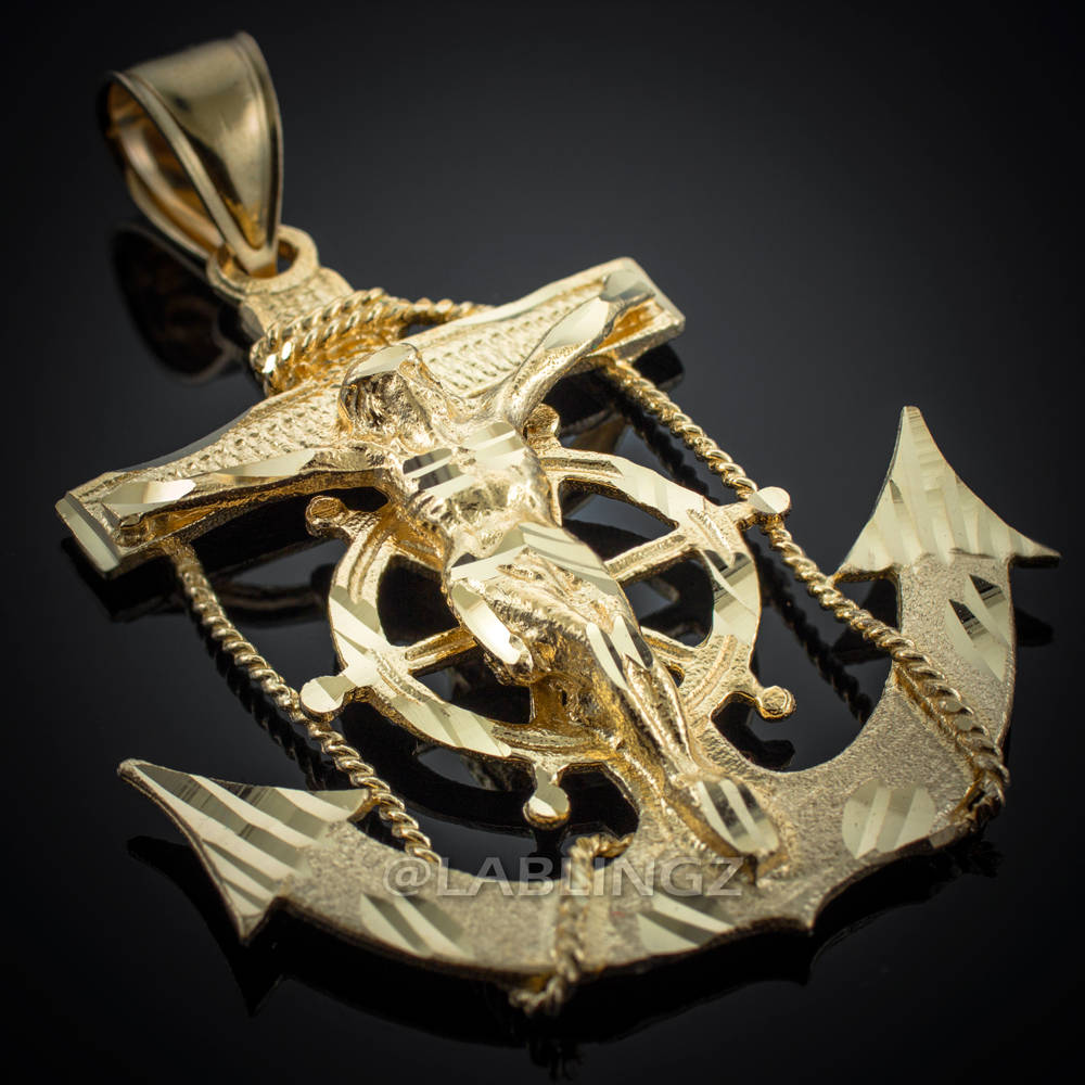 Solid Gold Mariner Anchor Mens Large Crucifix Cross Pendant (yellow, white, rose gold, 10k, 14k) Karma Blingz
