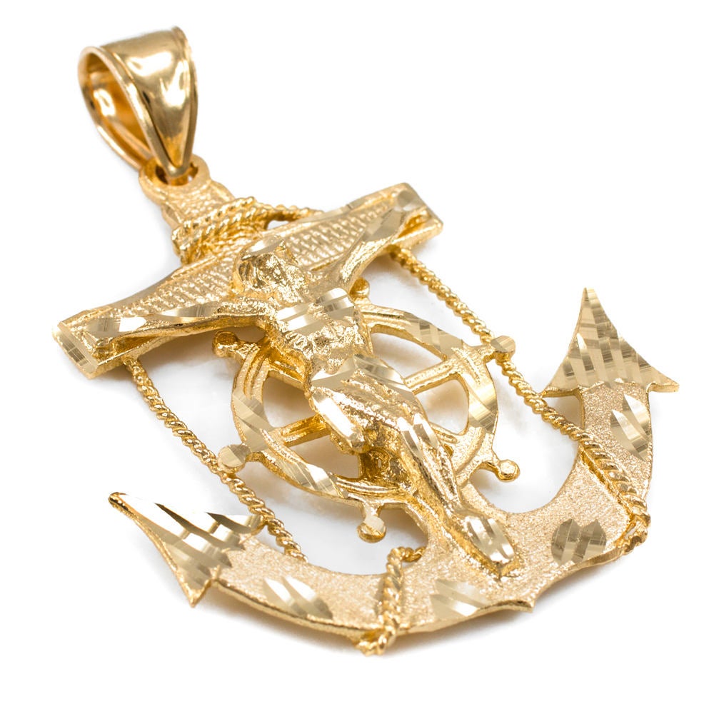 Solid Gold Mariner Anchor Mens Large Crucifix Cross Pendant (yellow, white, rose gold, 10k, 14k) Karma Blingz