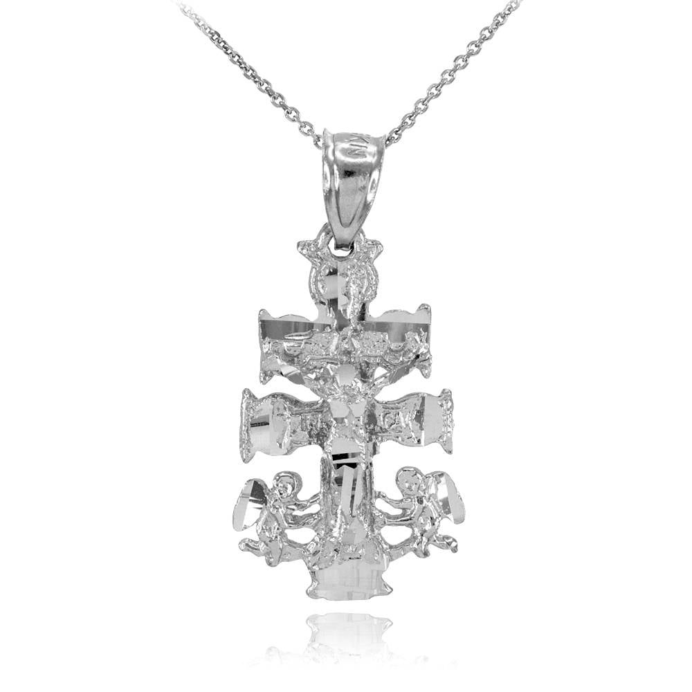 Gold Caravaca Crucifix Double Cross Pendant Necklace (yellow, white, rose gold, 10k, 14k) Karma Blingz