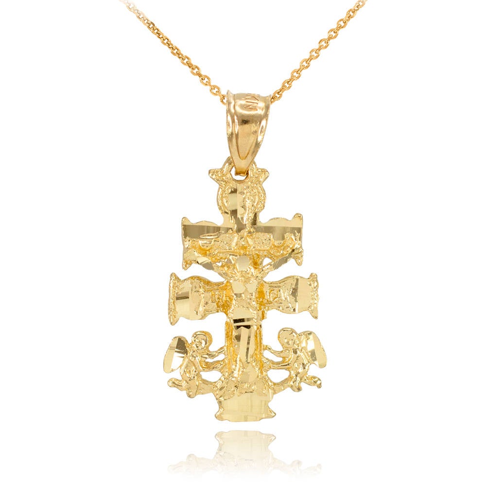 Gold Caravaca Crucifix Double Cross Pendant Necklace (yellow, white, rose gold, 10k, 14k) Karma Blingz