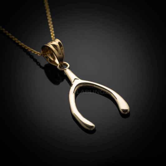 Polished Gold Wishbone Pendant Necklace (10k, 14k, yellow, white, rose gold) Karma Blingz