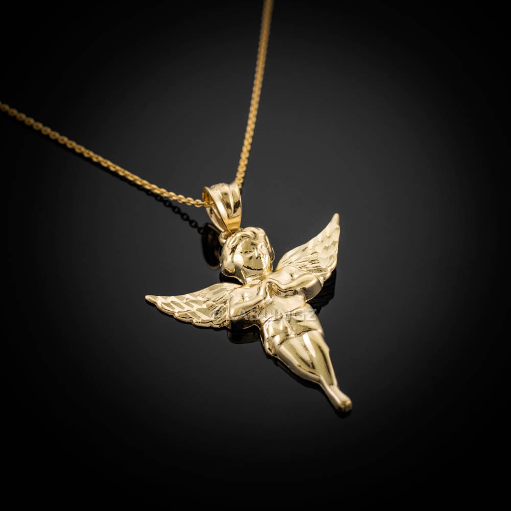 Polished Gold Angel Pendant Necklace (yellow, white, rose gold, 10k, 14k) Karma Blingz