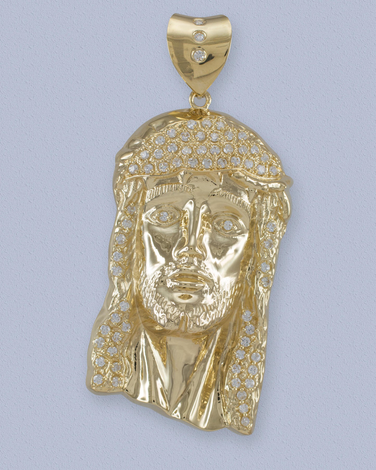 Iced Gold Jesus Face Mens Large CZ Pendant (yellow, white gold, 10k, 14k) Karma Blingz