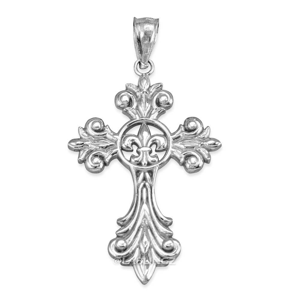 Gold Fleur de Lis Cross Pendant Necklace (yellow, white, rose gold, 10k, 14k) Karma Blingz