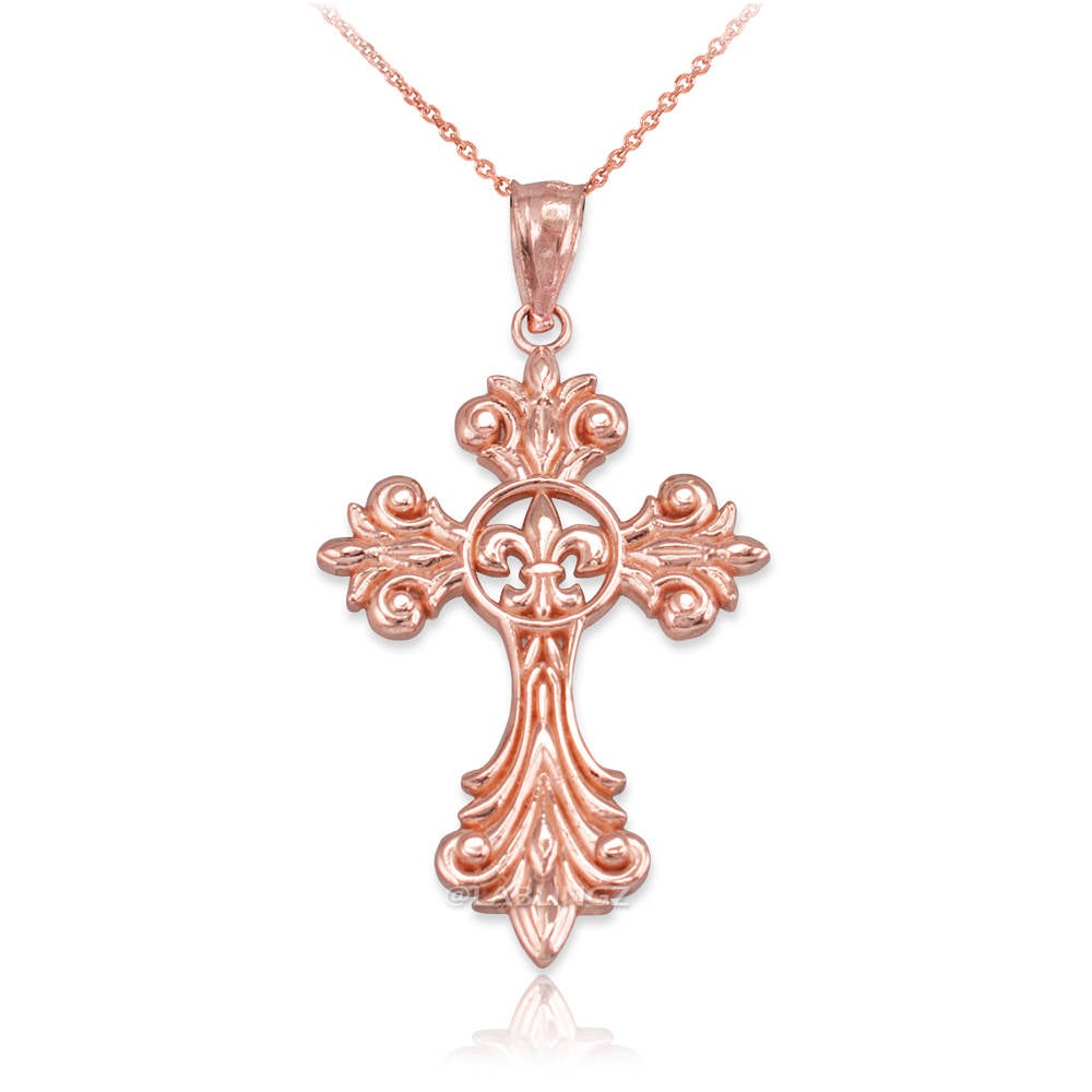 Gold Fleur de Lis Cross Pendant Necklace (yellow, white, rose gold, 10k, 14k) Karma Blingz