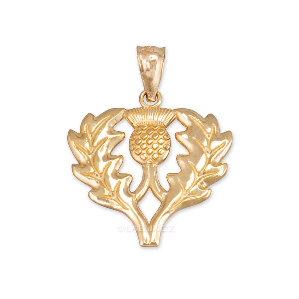 Gold Scottish Thistle Pendant Necklace (yellow, white, rose gold, 10k, 14k) Karma Blingz