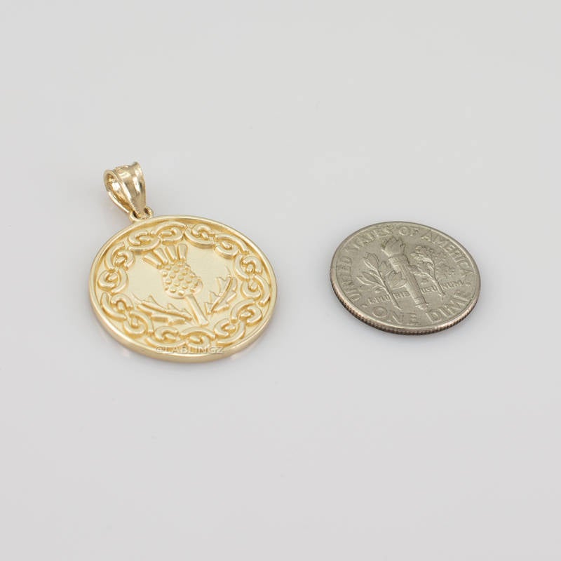Gold Scottish Thistle Medallion Pendant Necklace (10k, 14k, yellow, white, rose gold) Karma Blingz