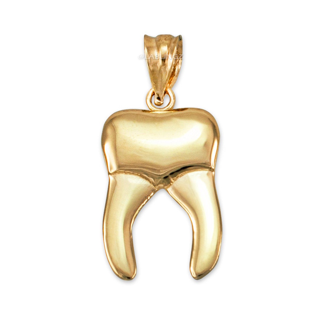 Polished Gold Molar Tooth Dental Charm Necklace (10K, 14K, yellow, white, rose gold) Karma Blingz