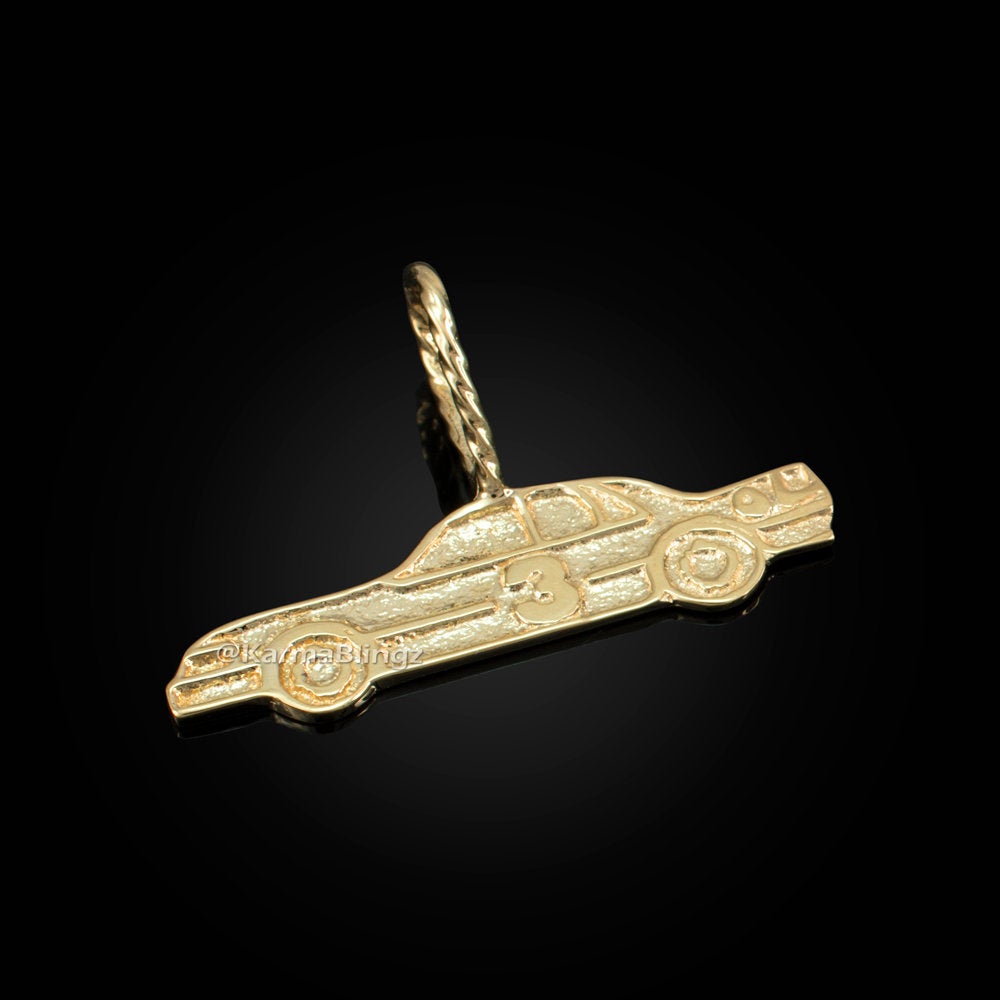 Gold Textured Race Car #3 Charm Pendant (yellow, white, rose gold, 10k, 14k) Karma Blingz