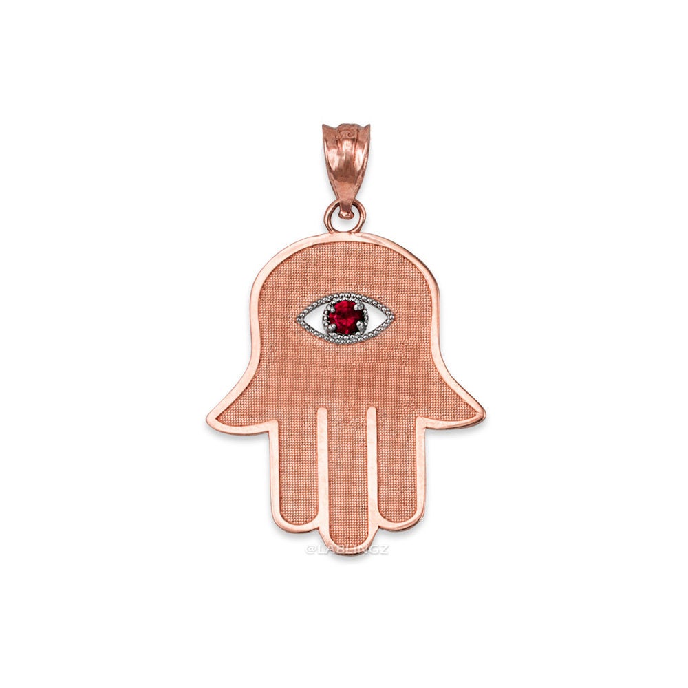 Gold Hamsa Red CZ Evil Eye Pendant Necklace (10k, 14k, yellow, white, rose gold) Karma Blingz