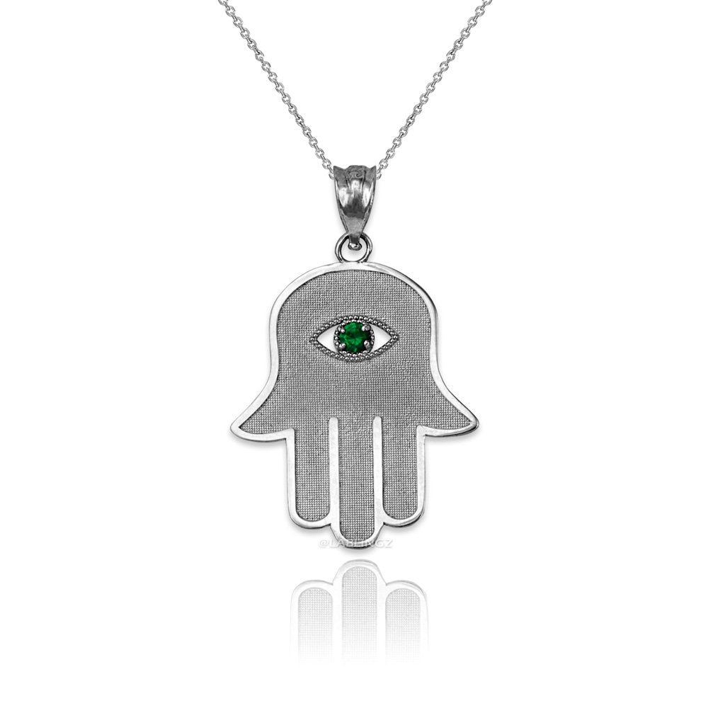 Gold Hamsa Green CZ Evil Eye Pendant Necklace (10k, 14k, yellow, white, rose gold) Karma Blingz