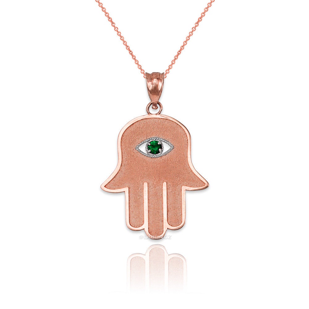 Gold Hamsa Green CZ Evil Eye Pendant Necklace (10k, 14k, yellow, white, rose gold) Karma Blingz