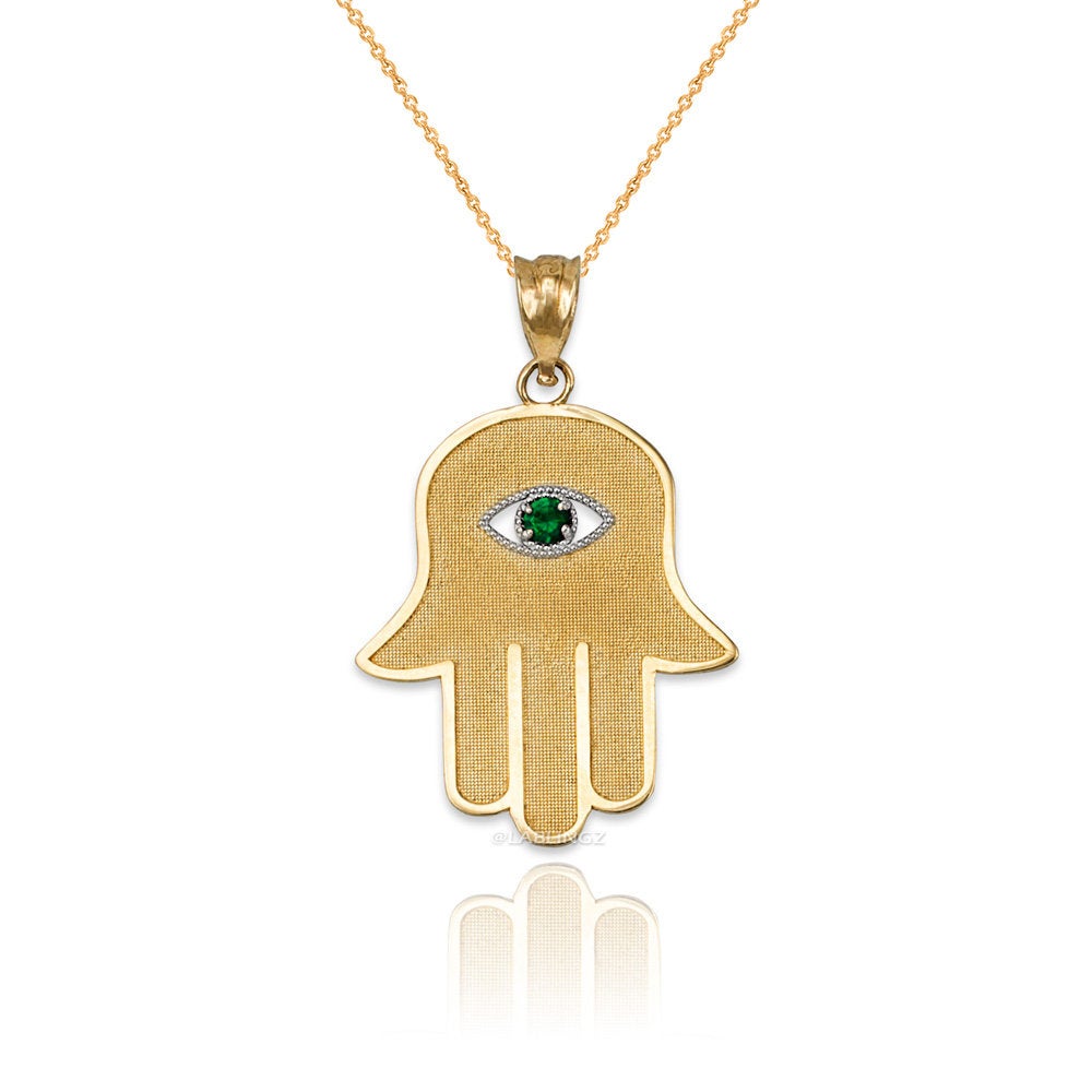 Gold Hamsa Green CZ Evil Eye Pendant Necklace (10k, 14k, yellow, white, rose gold) Karma Blingz