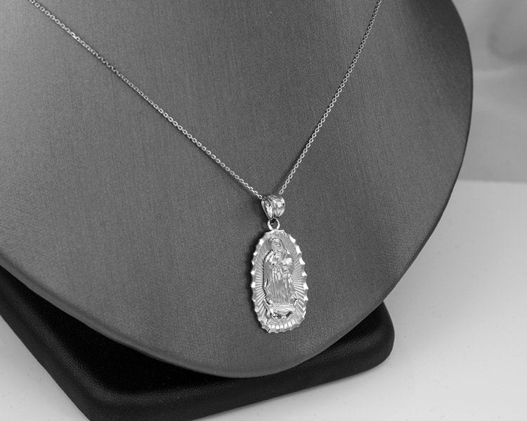 White Gold Our Lady of Guadalupe DC Pendant Necklace (10k, 14k) Karma Blingz
