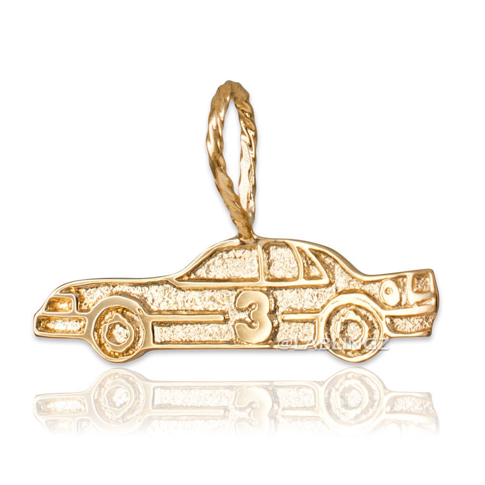 Gold Textured Race Car #3 Charm Pendant (yellow, white, rose gold, 10k, 14k) Karma Blingz