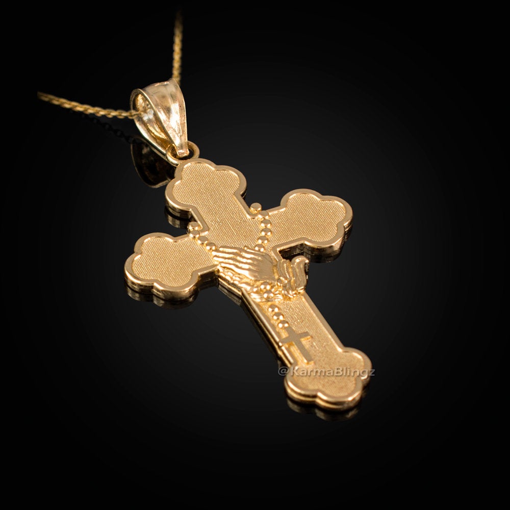 Gold Rosary Cross Prayer Pendant Necklace (10k, 14k, yellow, white, rose gold, two-tone gold) Karma Blingz