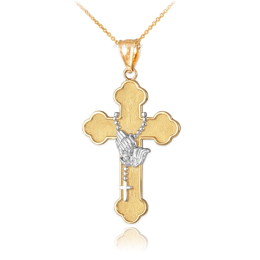 Gold Rosary Cross Prayer Pendant Necklace (10k, 14k, yellow, white, rose gold, two-tone gold) Karma Blingz
