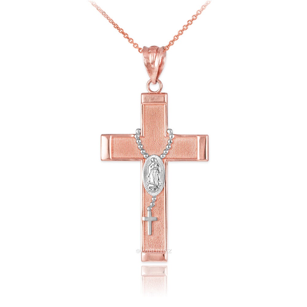 Gold Guadalupe Cross Rosary Pendant Necklace (10k, 14k, yellow, white, rose gold, two-tone gold) Karma Blingz