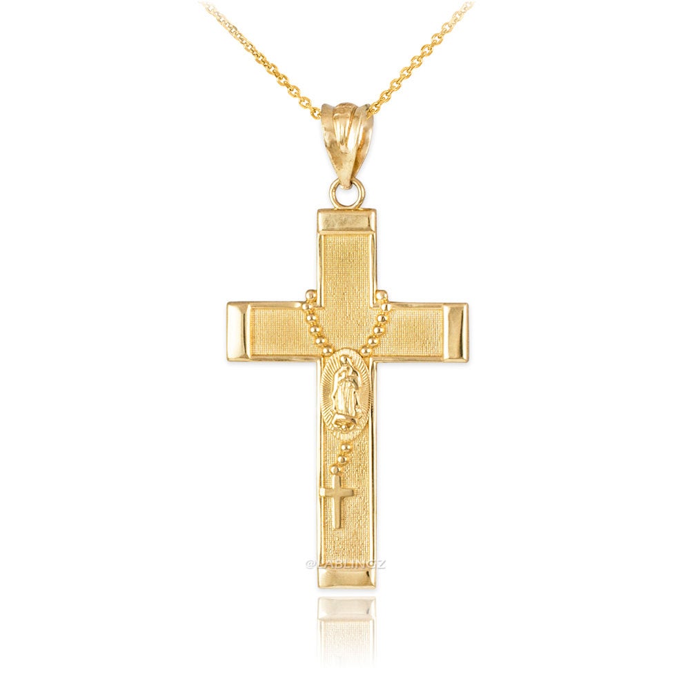 Gold Guadalupe Cross Rosary Pendant Necklace (10k, 14k, yellow, white, rose gold, two-tone gold) Karma Blingz