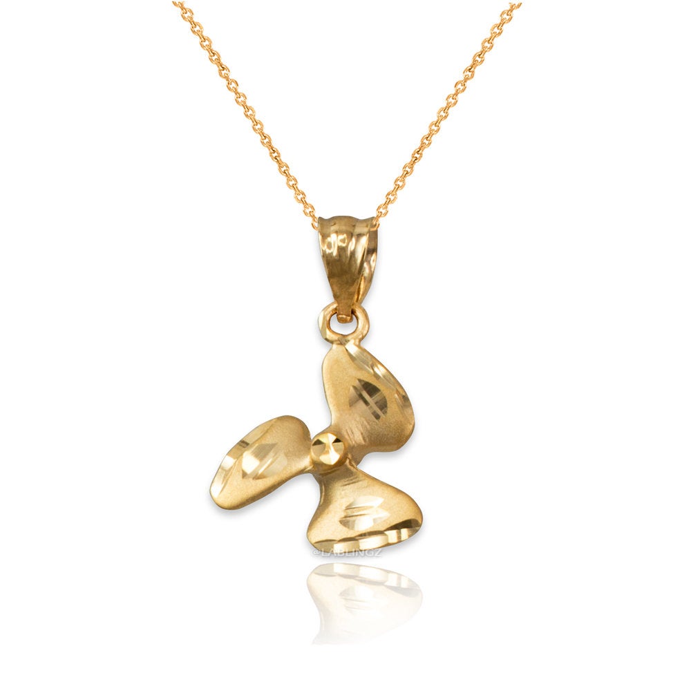 Gold Satin DC Rotor Propeller Charm Necklace (10K, 14K, yellow, white, rose gold) Karma Blingz