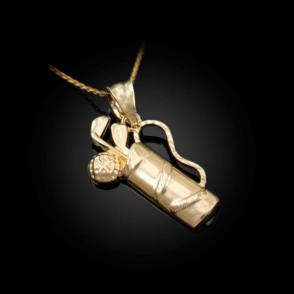Polished Gold Golf Bag Pendant Necklace (10K, 14K, yellow, white, rose gold) Karma Blingz