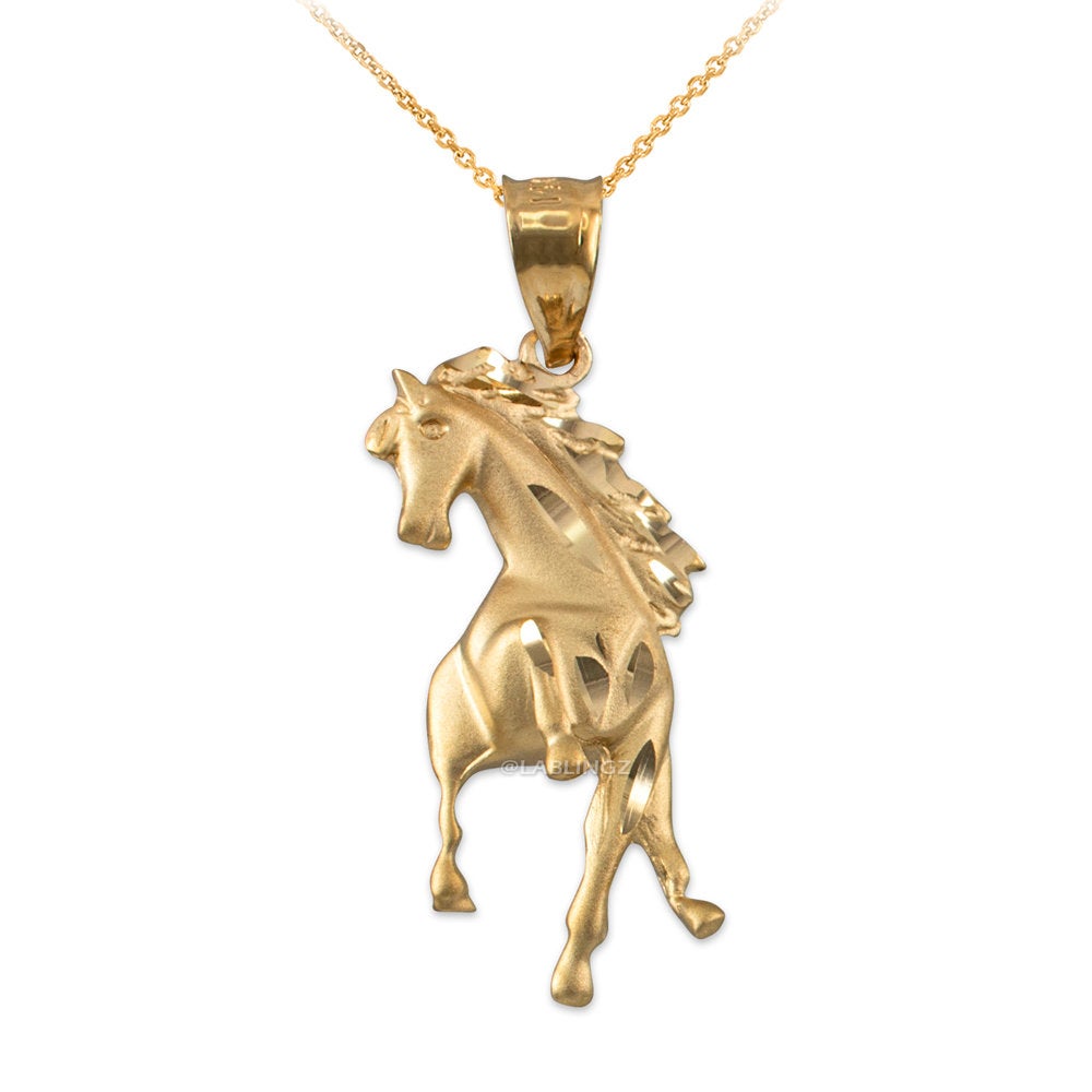 Gold Stallion Horse Satin DC Pendant Necklace (10K, 14K, yellow, white, rose gold) Karma Blingz