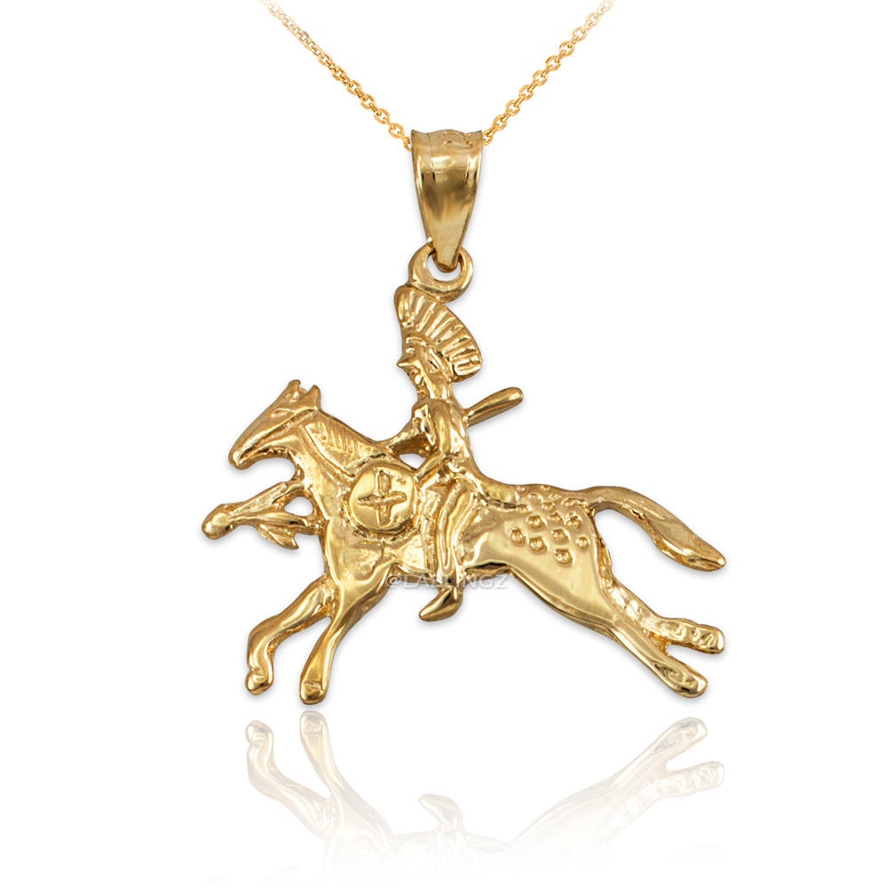Solid Gold Indian Chief Horse Rider Pendant Necklace (10K, 14K, yellow, white, rose gold) Karma Blingz