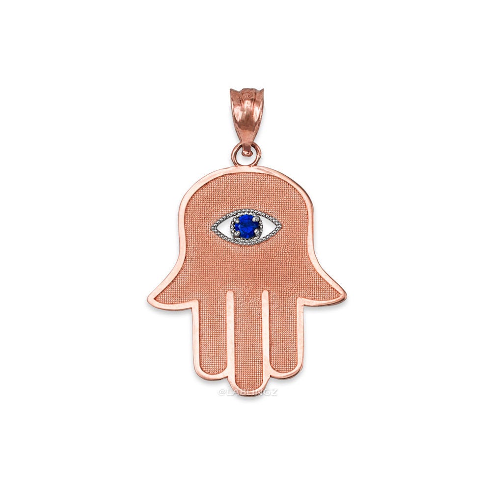 Gold Hamsa Blue CZ Evil Eye Pendant Necklace (10k, 14k, yellow, white, rose gold) Karma Blingz