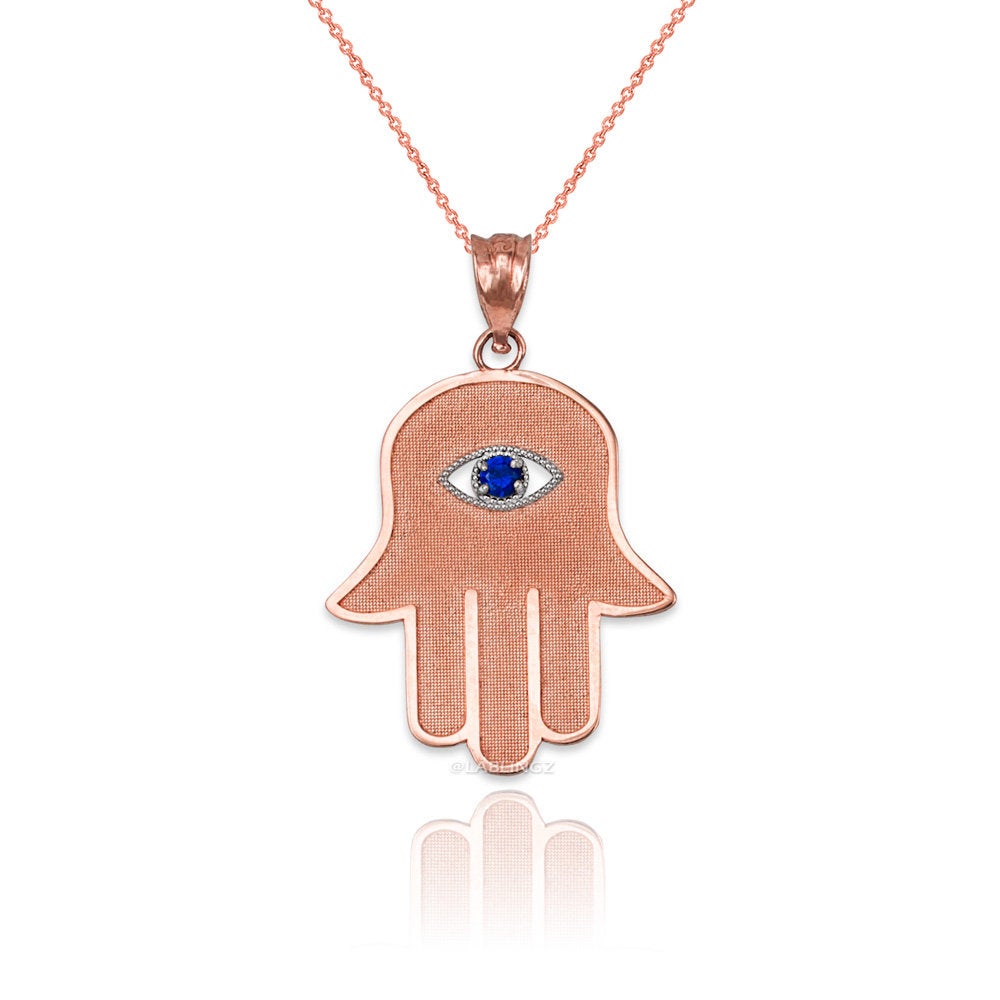 Gold Hamsa Blue CZ Evil Eye Pendant Necklace (10k, 14k, yellow, white, rose gold) Karma Blingz