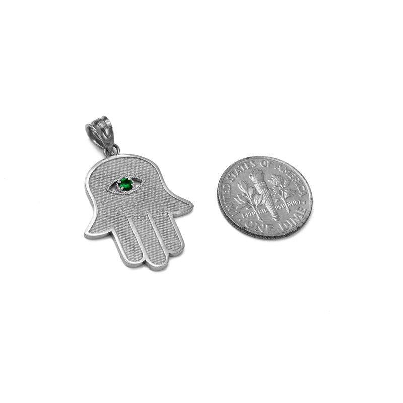 Gold Hamsa Green CZ Evil Eye Pendant Necklace (10k, 14k, yellow, white, rose gold) Karma Blingz