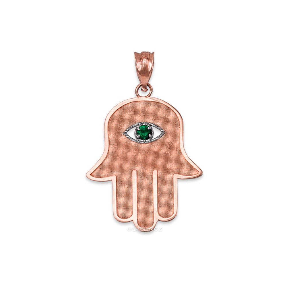 Gold Hamsa Green CZ Evil Eye Pendant Necklace (10k, 14k, yellow, white, rose gold) Karma Blingz