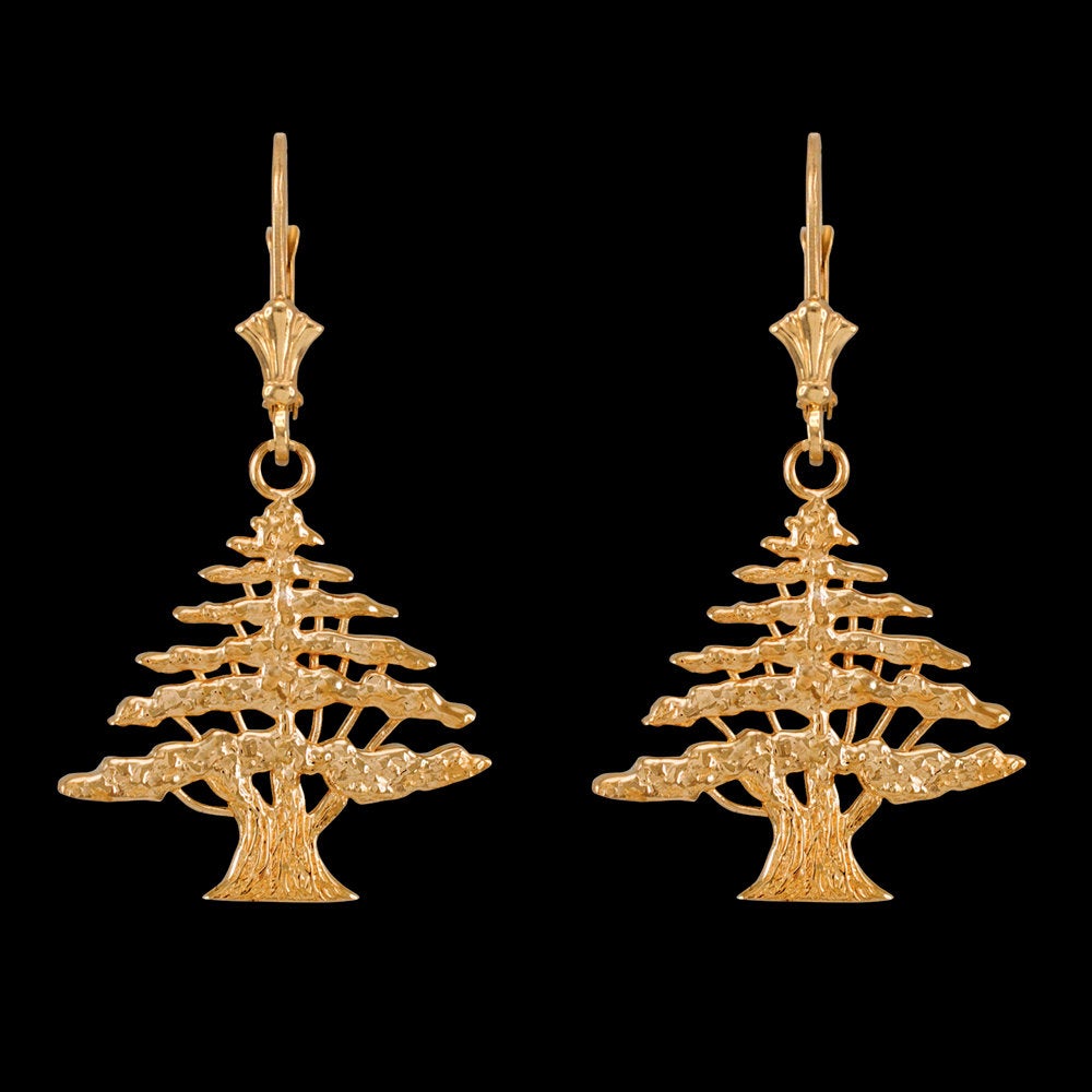 14K Gold Lebanese Cedar Tree Earrings (yellow, white, rose gold) Karma Blingz