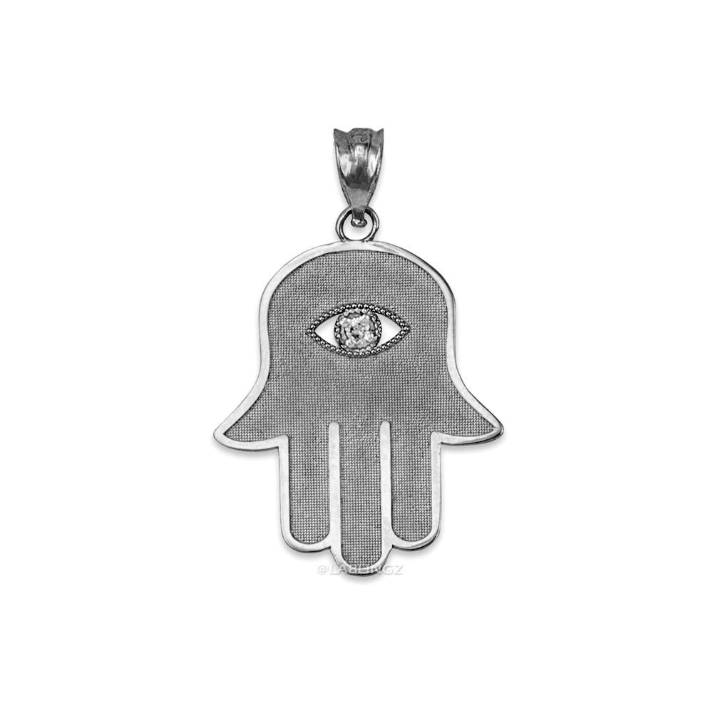 Sterling Silver Hamsa Clear CZ Evil Eye Pendant Necklace Karma Blingz