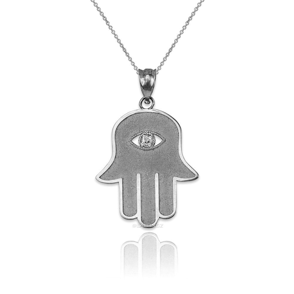 Sterling Silver Hamsa Clear CZ Evil Eye Pendant Necklace Karma Blingz