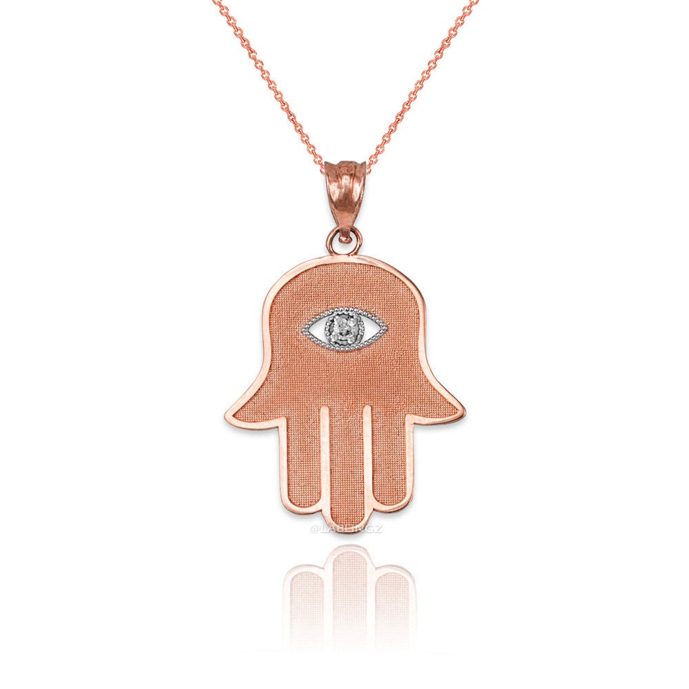 Gold Hamsa Clear CZ Evil Eye Pendant Necklace (10k, 14k, yellow, white, rose gold) Karma Blingz