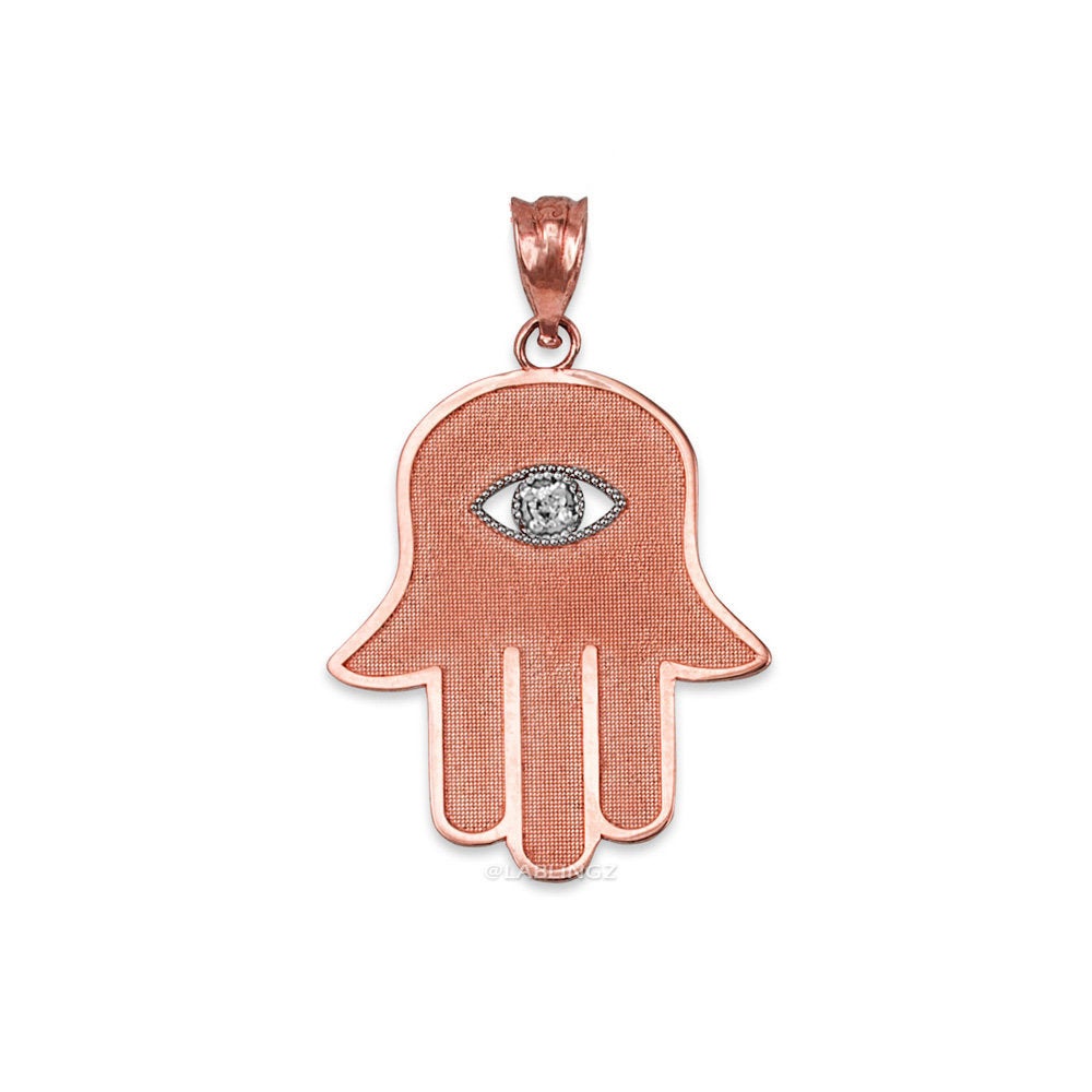 Gold Hamsa Clear CZ Evil Eye Pendant Necklace (10k, 14k, yellow, white, rose gold) Karma Blingz