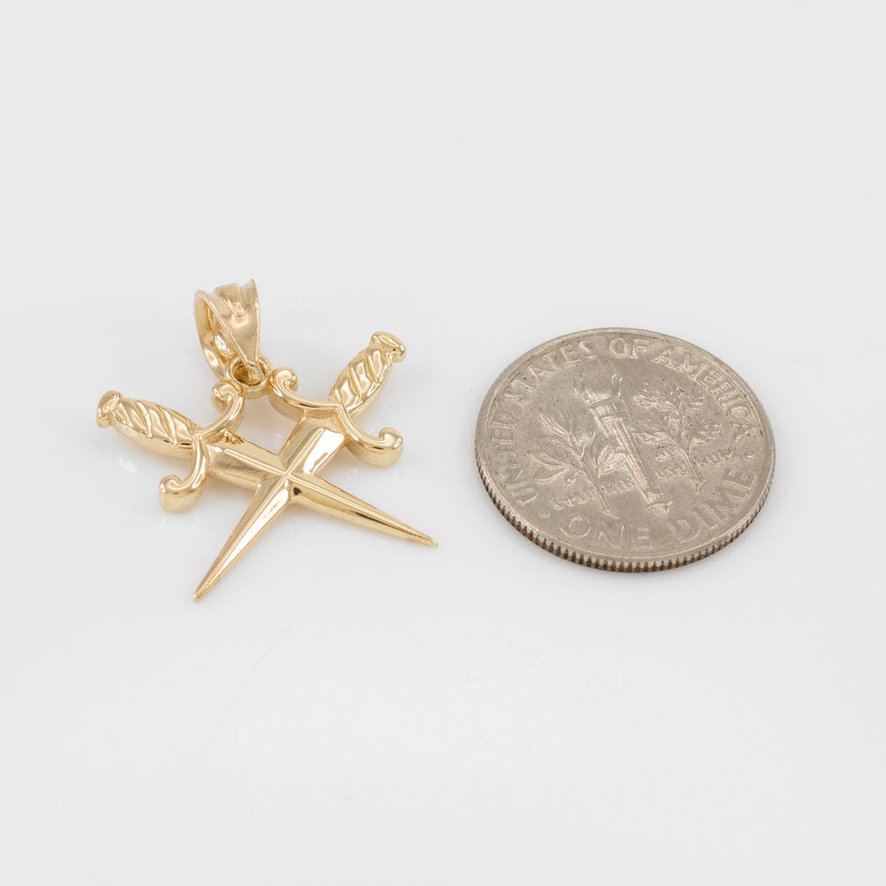 Gold Crossing Dagger Knives Charm Necklace (10k, 14k, white, yellow, rose gold) Karma Blingz