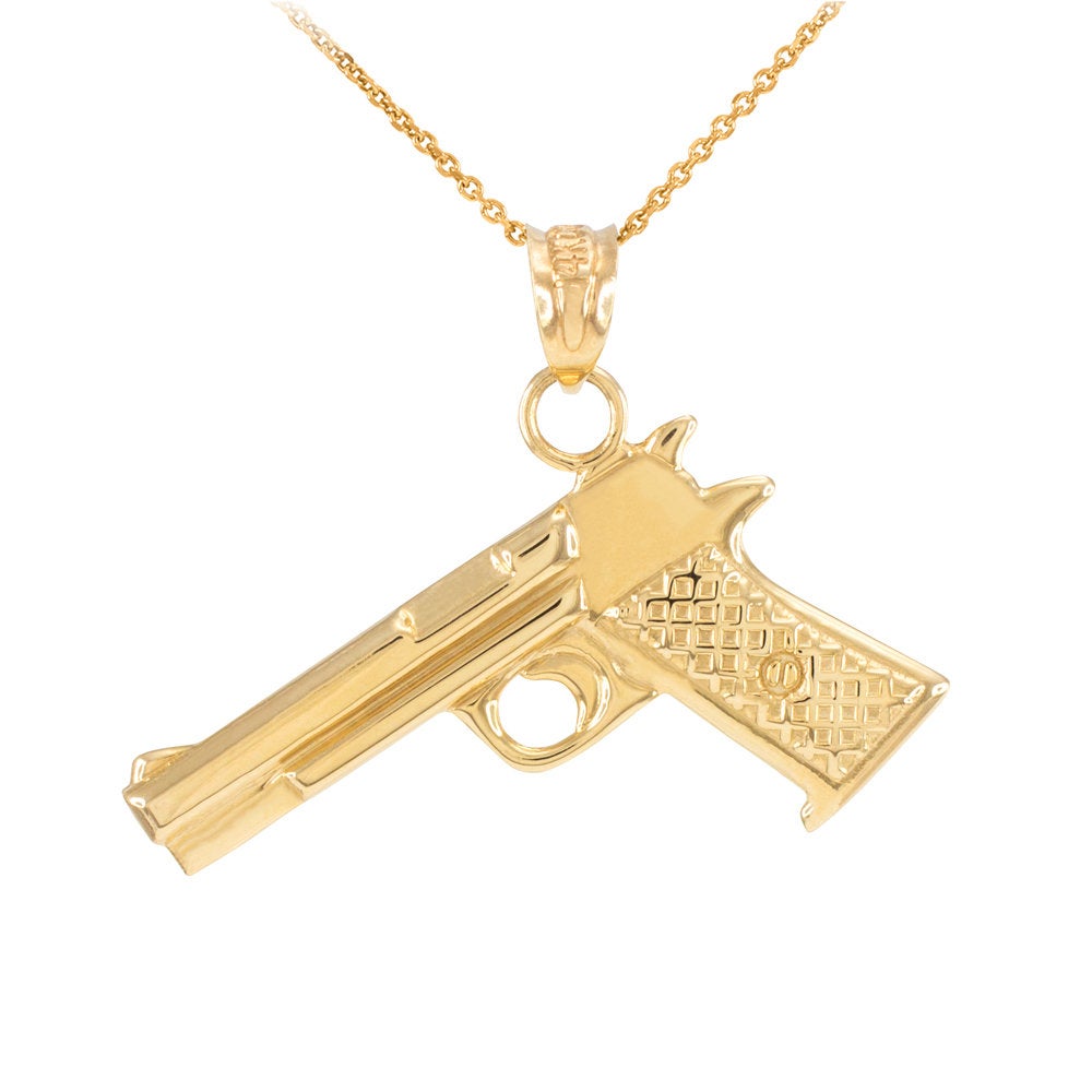 Solid Gold Pistol Gun Pendant Necklace (10k, 14k, yellow, white, rose gold) Karma Blingz
