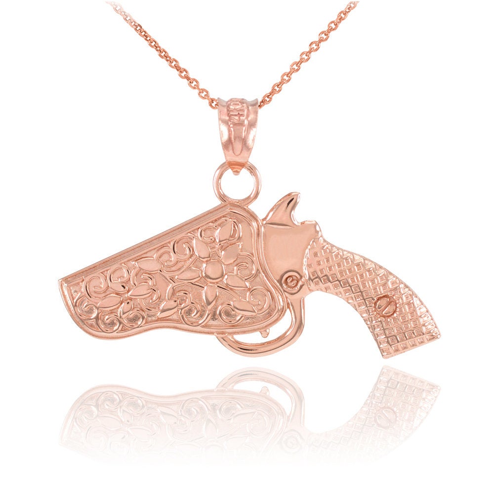 Solid Gold Revolver Pistol Gun Holster Pendant Necklace (10k, 14k, yellow, white, rose gold) Karma Blingz