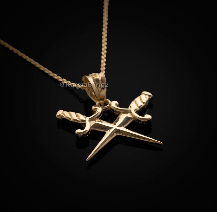 Gold Crossing Dagger Knives Charm Necklace (10k, 14k, white, yellow, rose gold) Karma Blingz