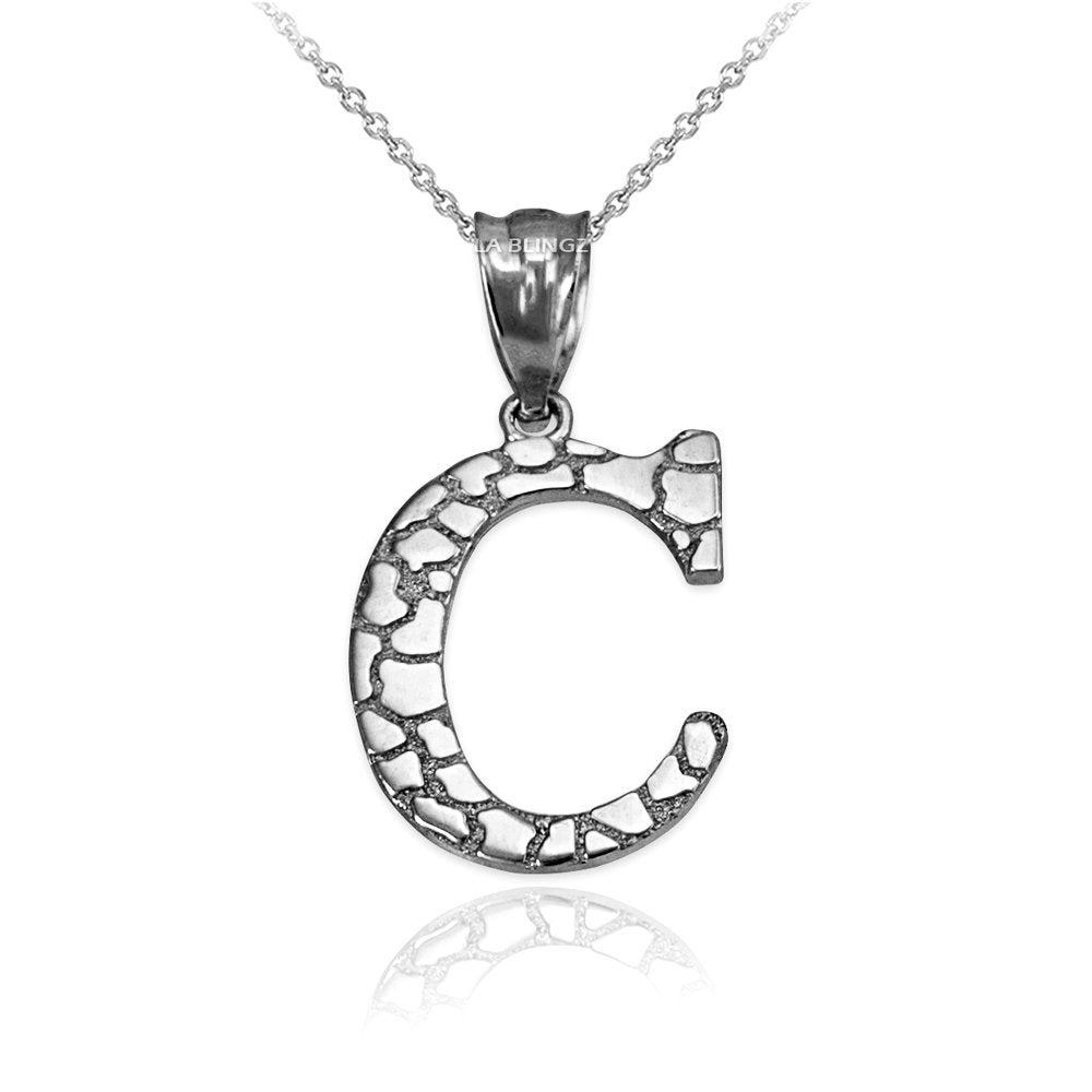 Gold Nugget Alphabet Initial Letter "C" Pendant Necklace (yellow, white, rose gold) Karma Blingz