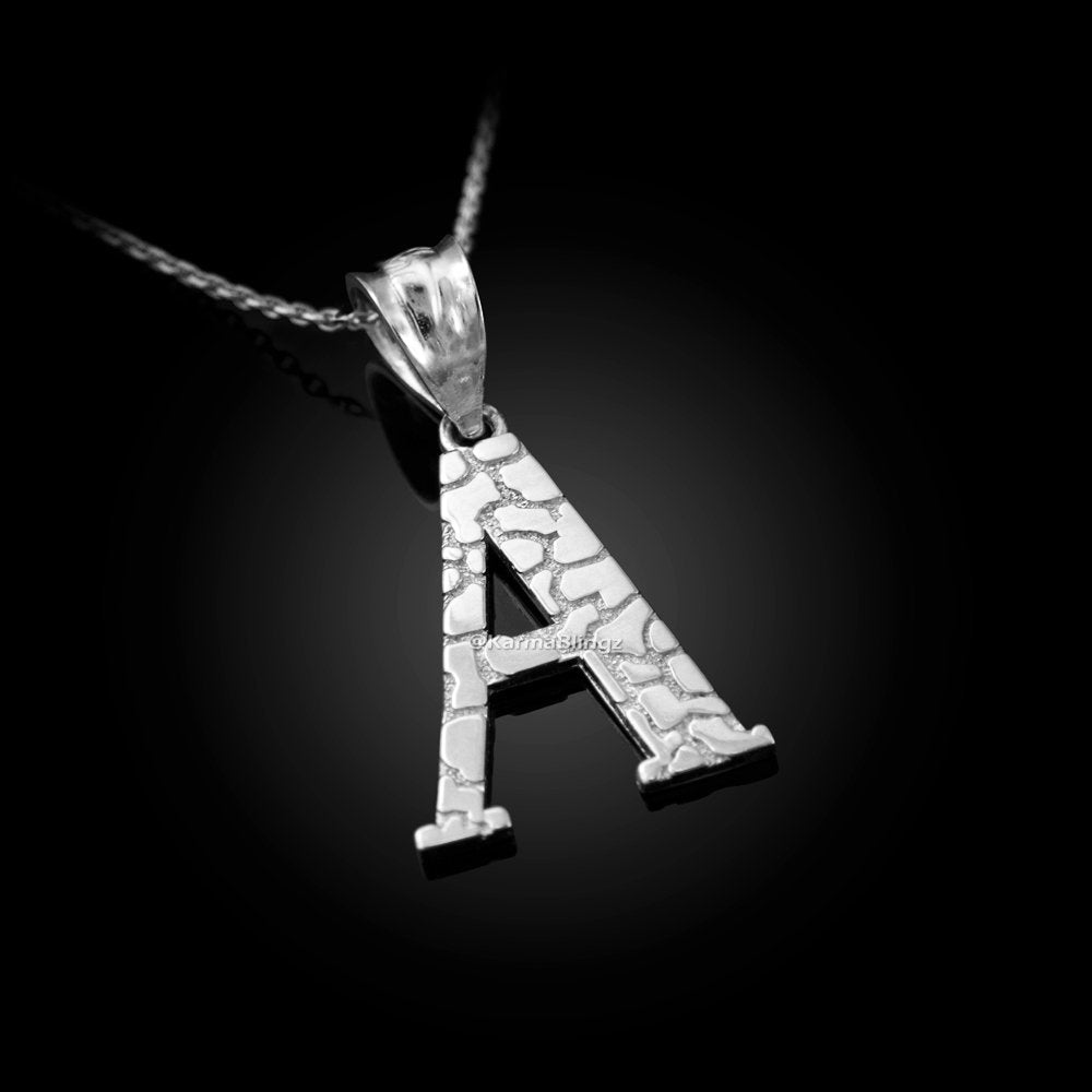 Sterling Silver Nugget Alphabet Initial Letter "A" Pendant Necklace Karma Blingz