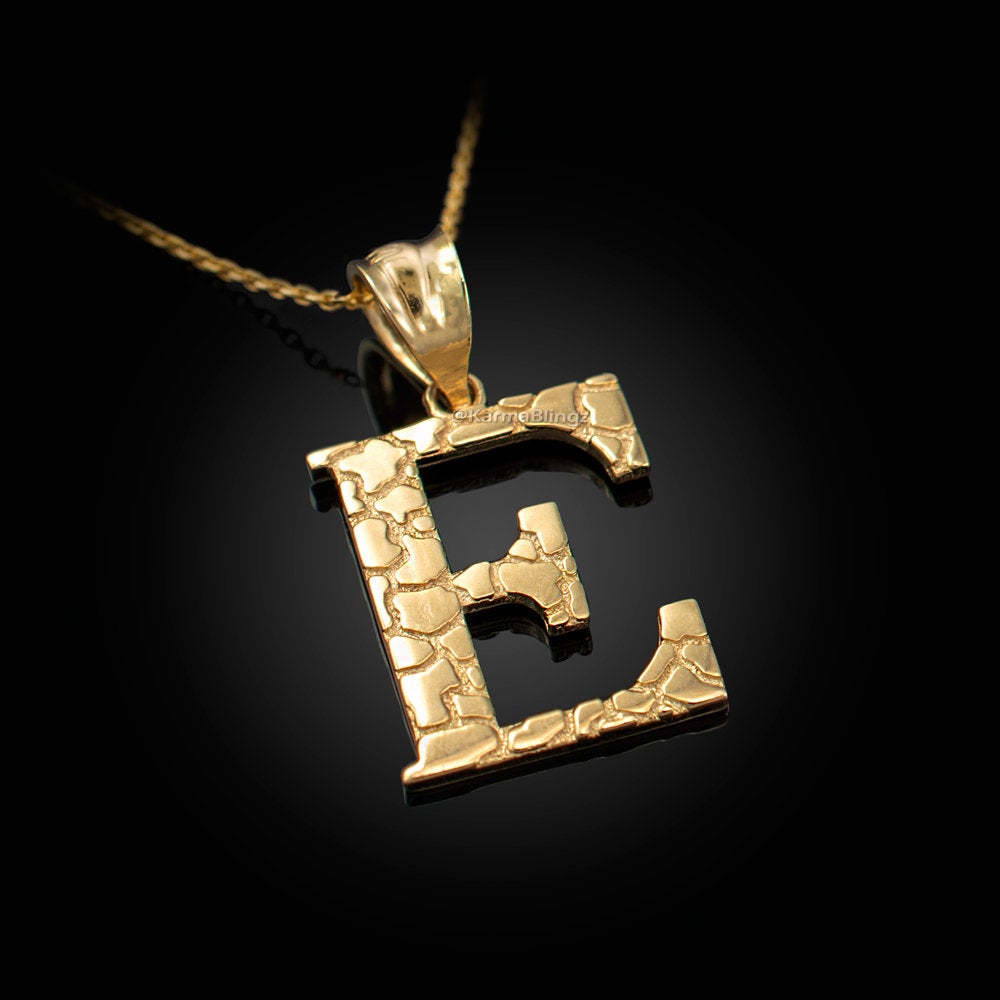 Gold Nugget Alphabet Initial Letter "E" Pendant Necklace (yellow, white, rose gold) Karma Blingz