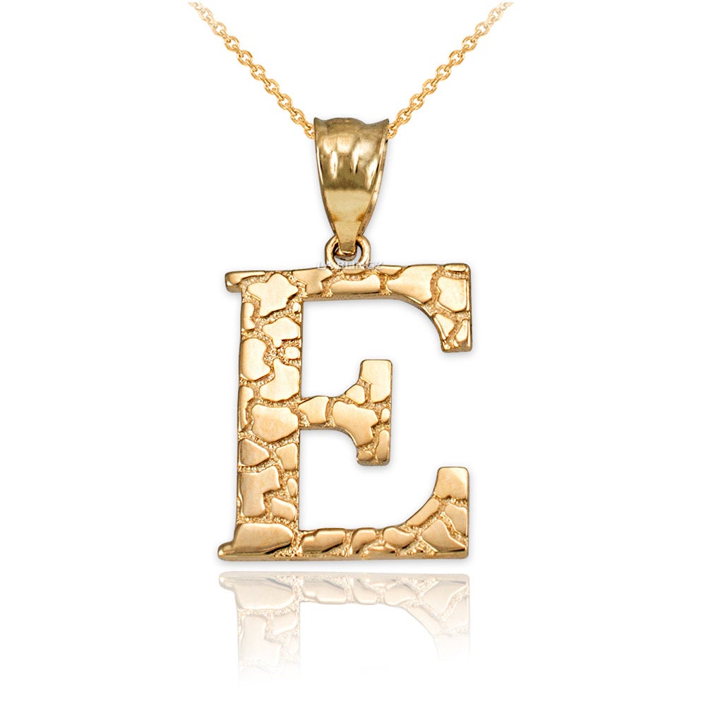 Gold Nugget Alphabet Initial Letter "E" Pendant Necklace (yellow, white, rose gold) Karma Blingz