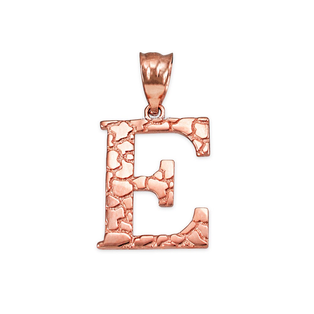 Gold Nugget Alphabet Initial Letter "E" Pendant Necklace (yellow, white, rose gold) Karma Blingz