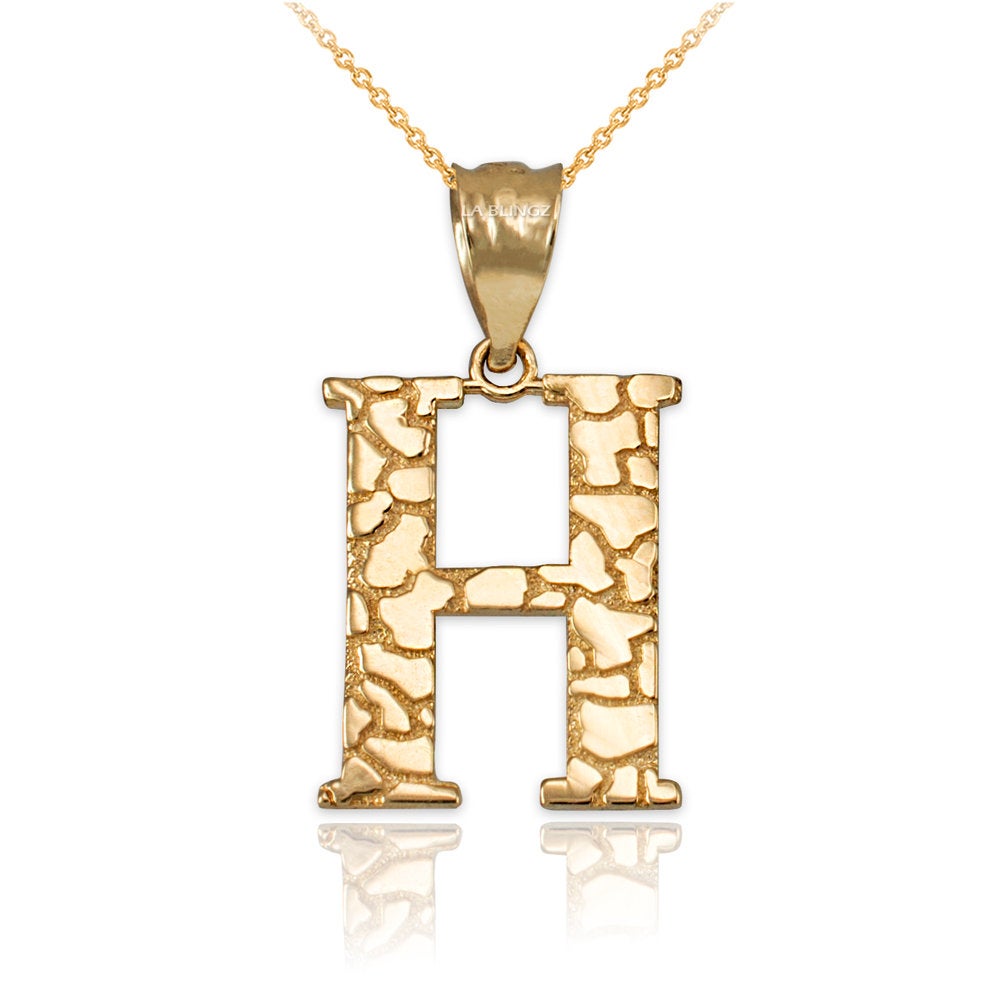 Gold Nugget Alphabet Initial Letter "H" Pendant Necklace (yellow, white, rose gold) Karma Blingz