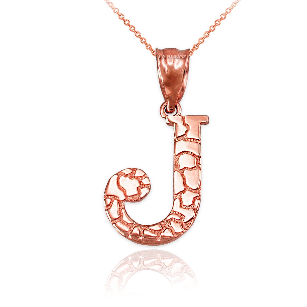 Gold Nugget Alphabet Initial Letter "J" Pendant Necklace (yellow, white, rose gold) Karma Blingz
