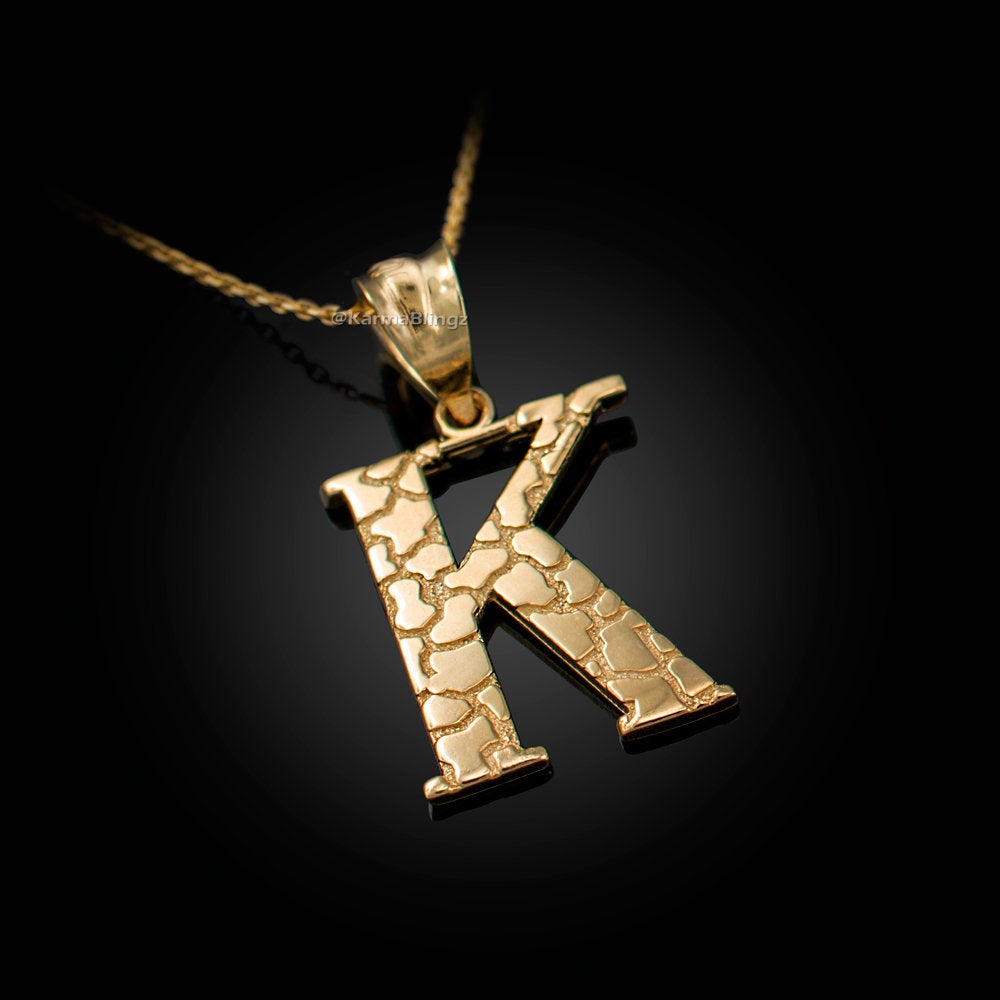 Gold Nugget Alphabet Initial Letter "K" Pendant Necklace (yellow, white, rose gold) Karma Blingz