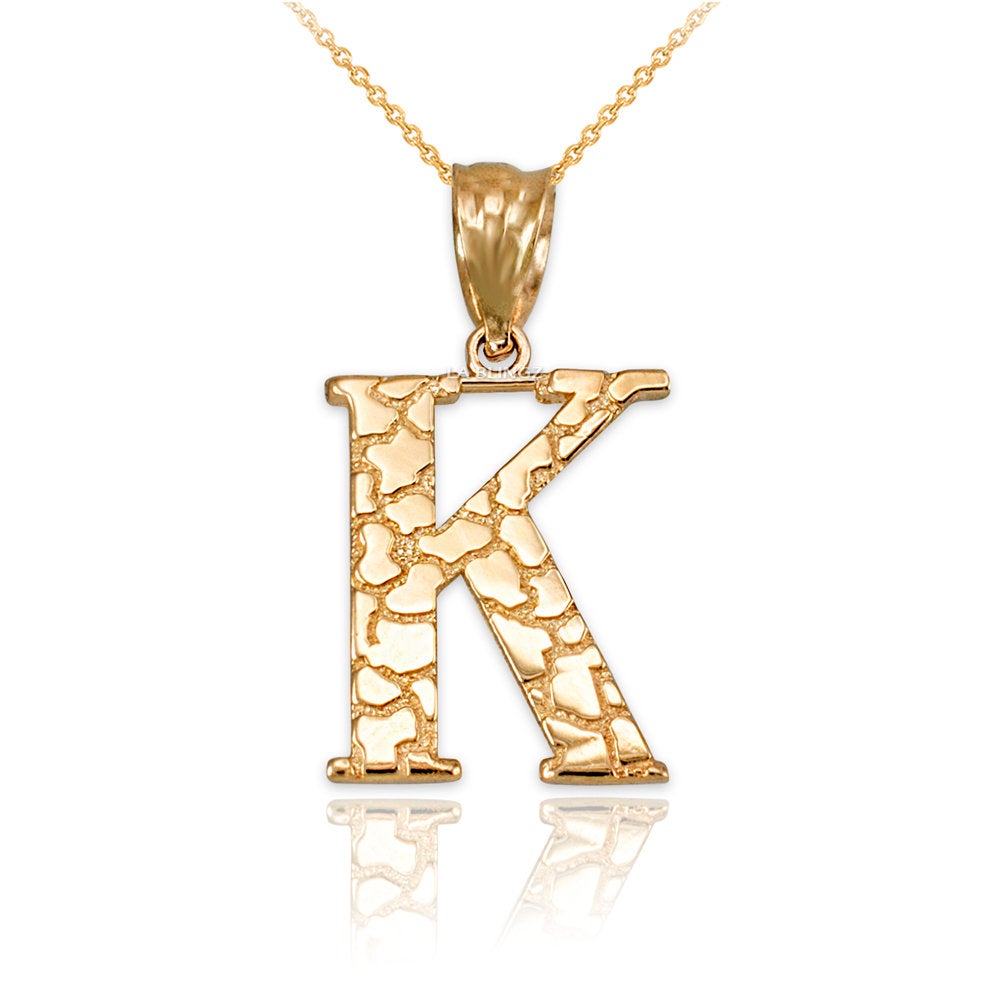 Gold Nugget Alphabet Initial Letter "K" Pendant Necklace (yellow, white, rose gold) Karma Blingz