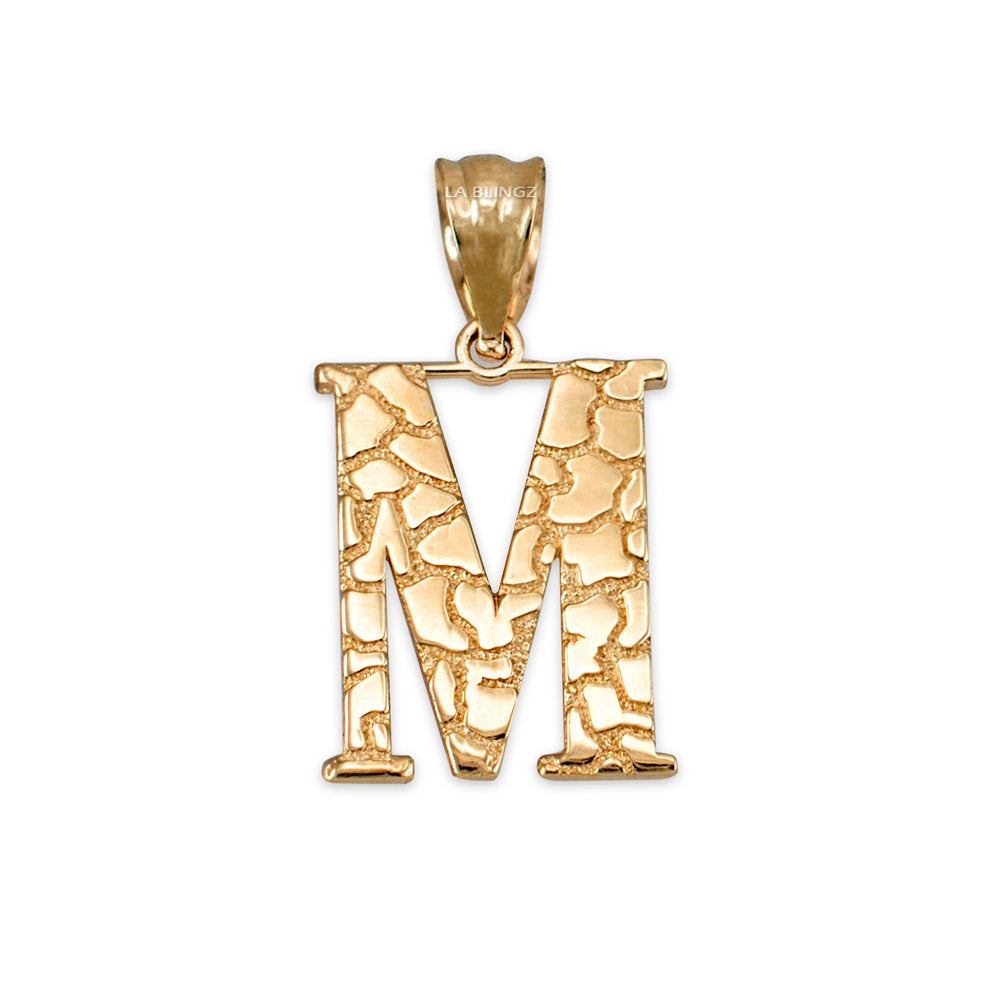 Gold Nugget Alphabet Initial Letter "M" Pendant Necklace (yellow, white, rose gold) Karma Blingz